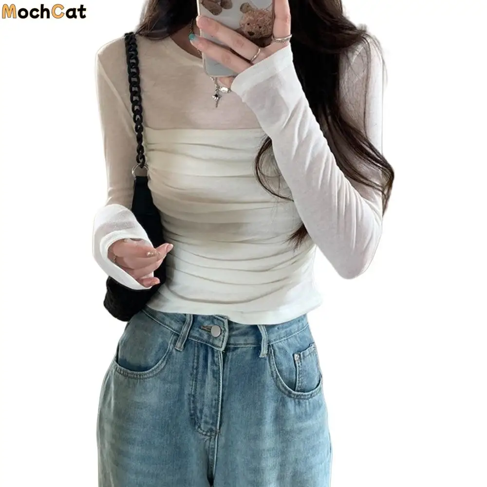 

Long Sleeve Slim Long Sleeve T-shirt Streetwear Transparent Mesh Women Thin Tops Hot Girl Slim Fit Korean Style Crop Top