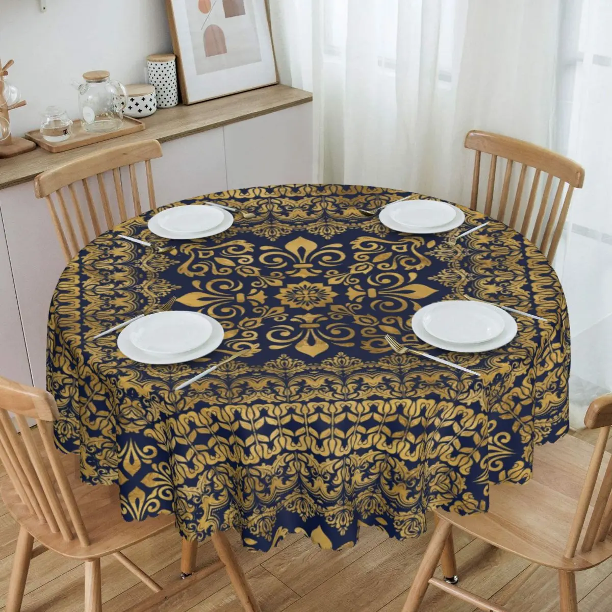 Round Fitted Oriental Damask Fleur De Lis Table Cloth Waterproof Tablecloth 60 inch Table Cover for Kitchen Dinning