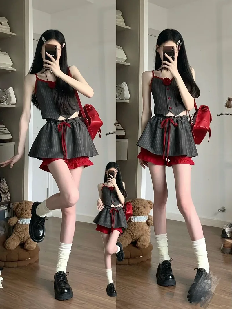 Retro Spicy Girl Stripe Camisole Vest Pantskirt Two-piece Set Lady Contrast Color Lace Up Sleeveless Collarbone Slim Summer Set