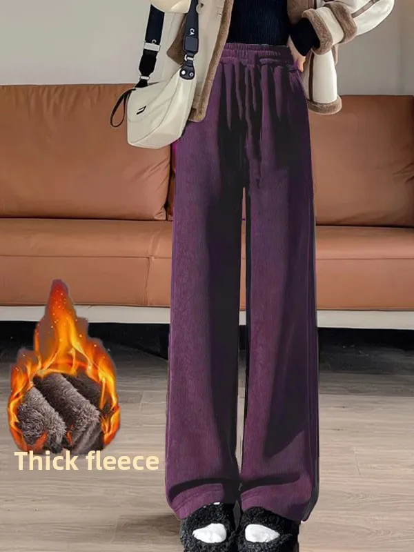Autumn Winter Women's Fce Lined Thiened Corduroy Wide Leg Pants Casual Sle High Waist Elastic Closure Polyester Fiber