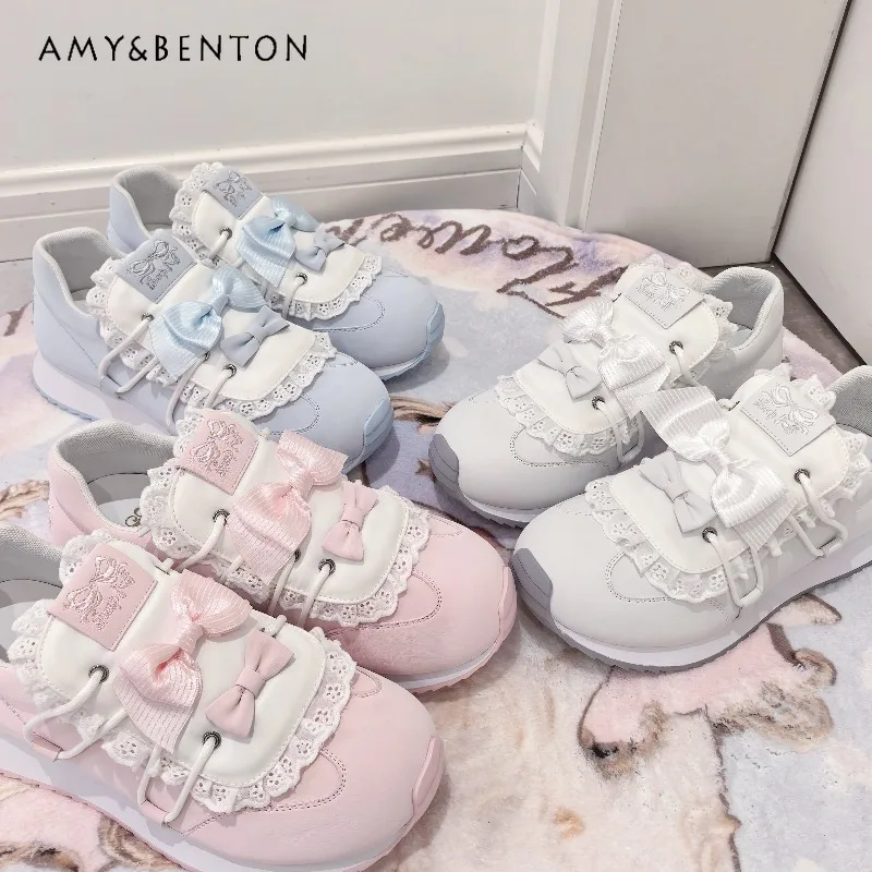 Japanese College Style Thick-Soled Sneakers Original Lolita Cute Round-Toe Running Shoes Bowknot Patchwork Casual Sneakers Women