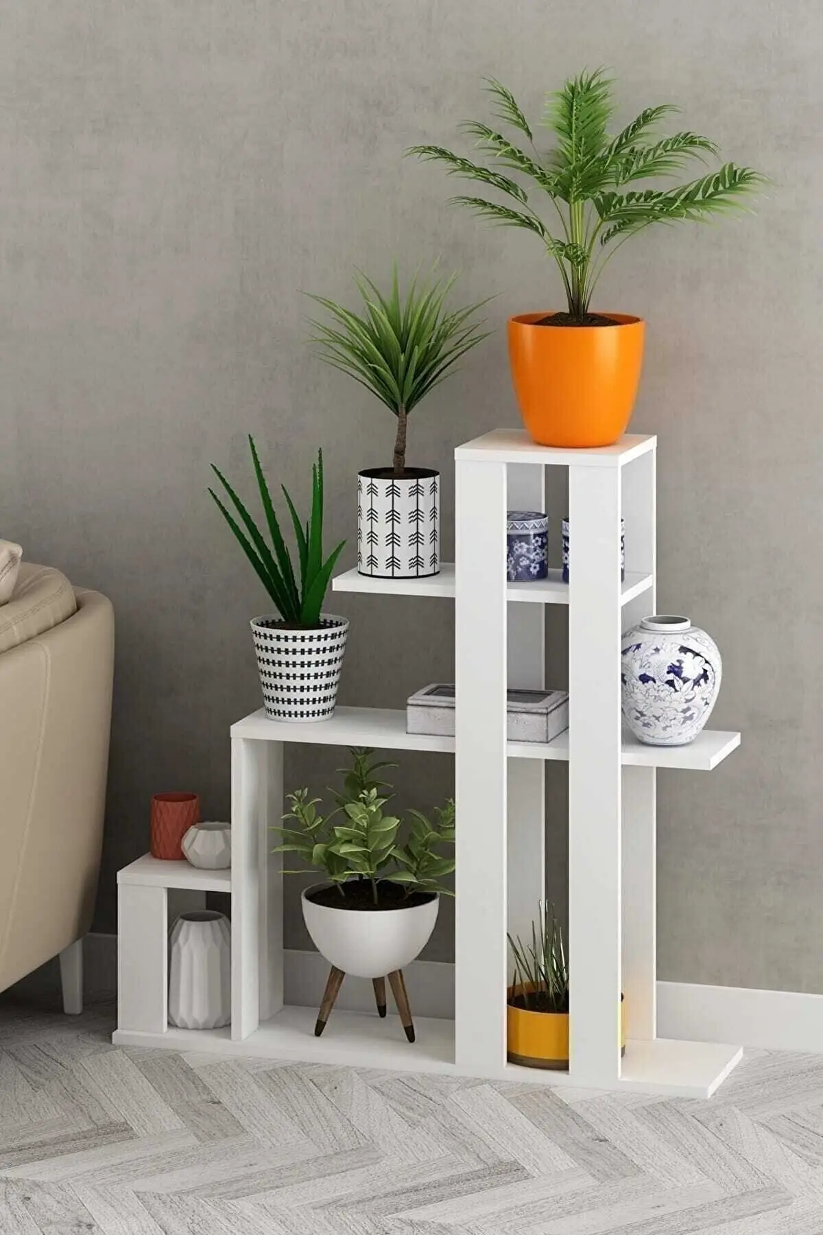 2022 Wooden Glossy White Furniture Flowerpot Organizer Table Flower Plant Arrangement Stand New Garden Modern Design Luxury Rack