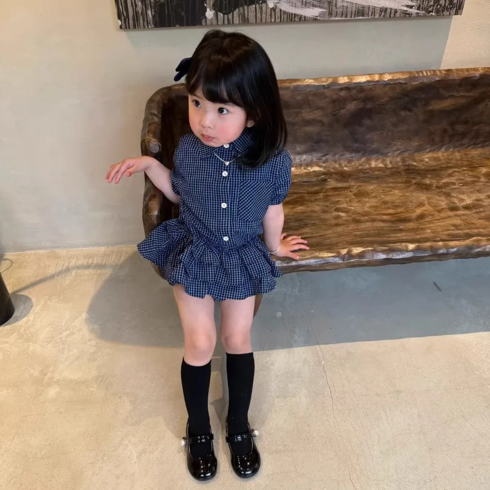 2026-summer-korean-style-girls-2pcs-outfit-blue-plaid-shirt-with-ruffle-hem-skirt-stylish-design-set-for-80-140cm