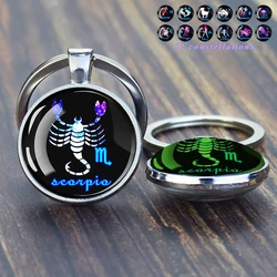 Luminous 12 Constellation Zodiac Signs Keychain Two-Sided Glass Pendant Key Chain Glow in The Dark Keyring Jewelry Birthday Gift