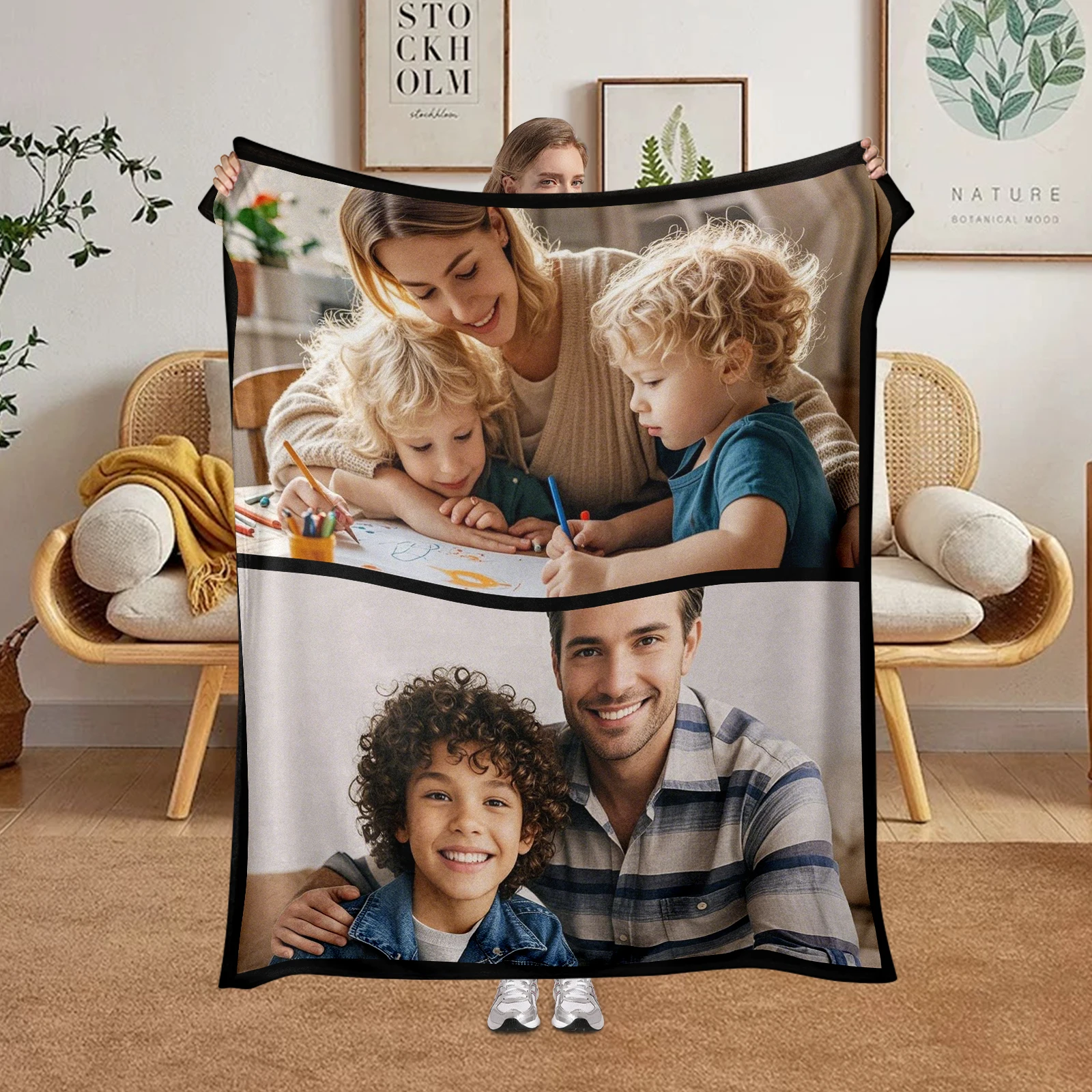 

Personalized Photo Blanket with Diy Custom Two Regions,Flannel Throw Blanket for Son Birthday Halloween Mother's Father's Day