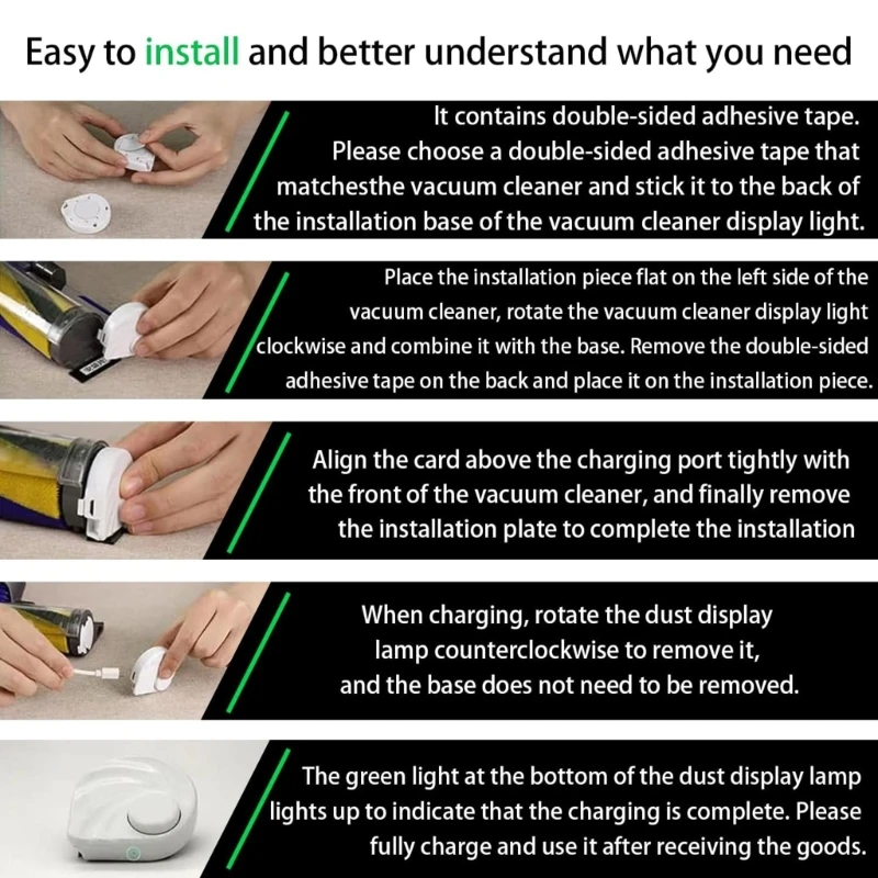 โคมไฟแสดงฝุ่น LED ที่มีประสิทธิภาพโคมไฟตรวจจับฝุ่นแบบชาร์จไฟได้เครื่องค้นหาผมสัตว์เลี้ยงพลาสติกเหมาะสำหรับเครื่องดูดฝุ่น A0NC