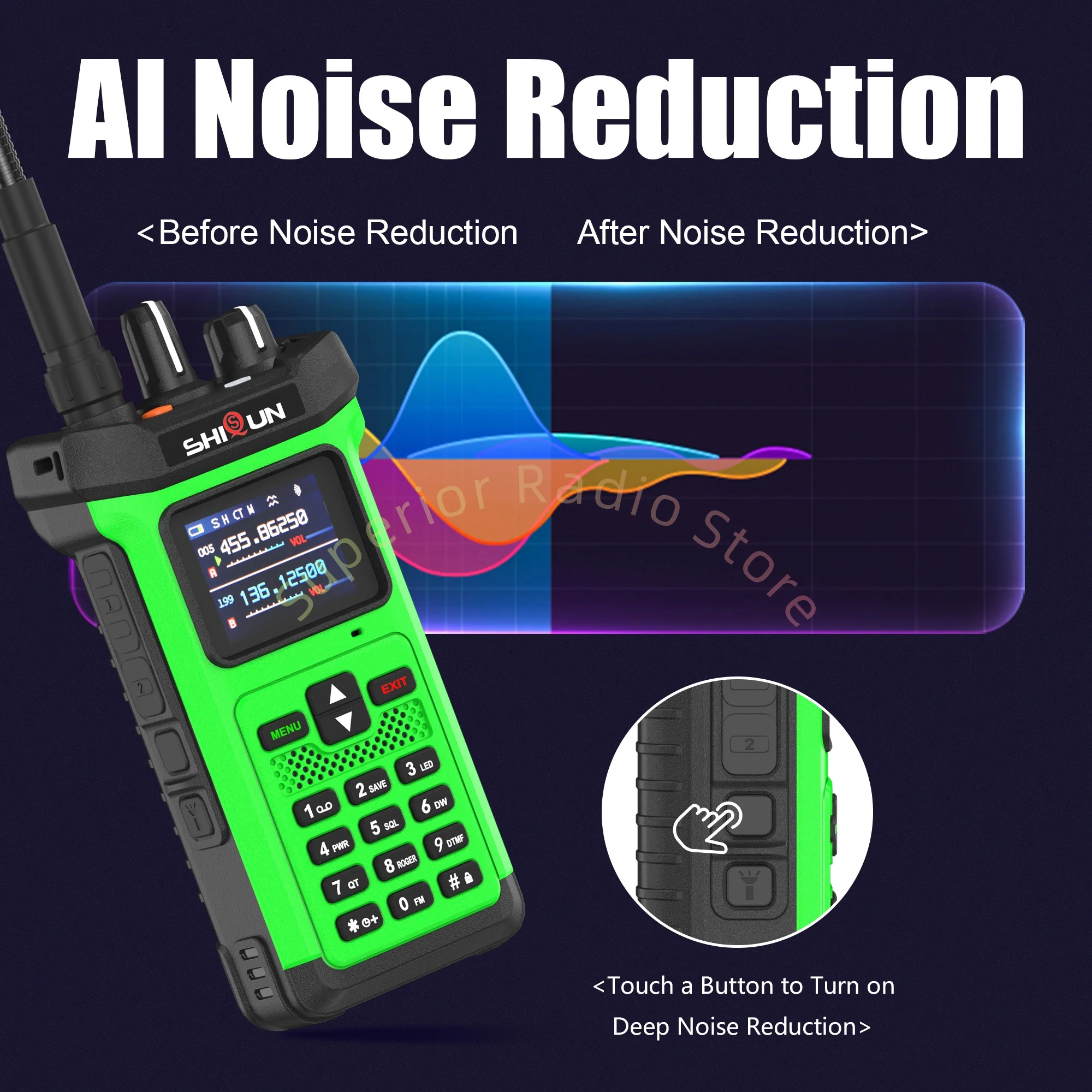 SQ-8500 اسلكية تخاطب خضراء عالية الطاقة 20 واط VHF UHF 5800 مللي أمبير AI الحد من الضوضاء عكس شاحن مصباح يدوي قوي FM كما حظر الطاقة