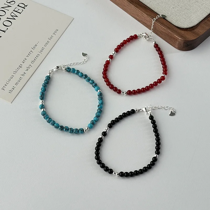 

925 Sterling Silver Bead Turquoise Agate Bracelet For Women Girl RetroVersatile Originality Jewelry Gift Dropshipping