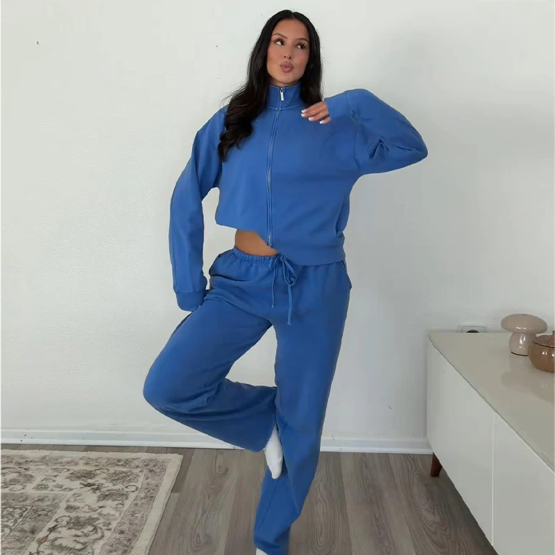 Damen-Hosen-Sets mit Stehkragen, Langarm-Reißverschlussjacken, Kordelzug-Taille, Gerade Hosen, Herbst-Outfit für Frauen, Einfarbig, Locker Geschnitten, Neu – Detail 16