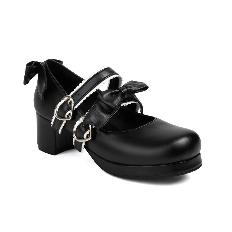 Big Size Lolita Girls Candy Color Comfortable Mary Janes Shoes Bowtie Lace Ruffles Platform High Heel Cosplay Women Pumps Autumn