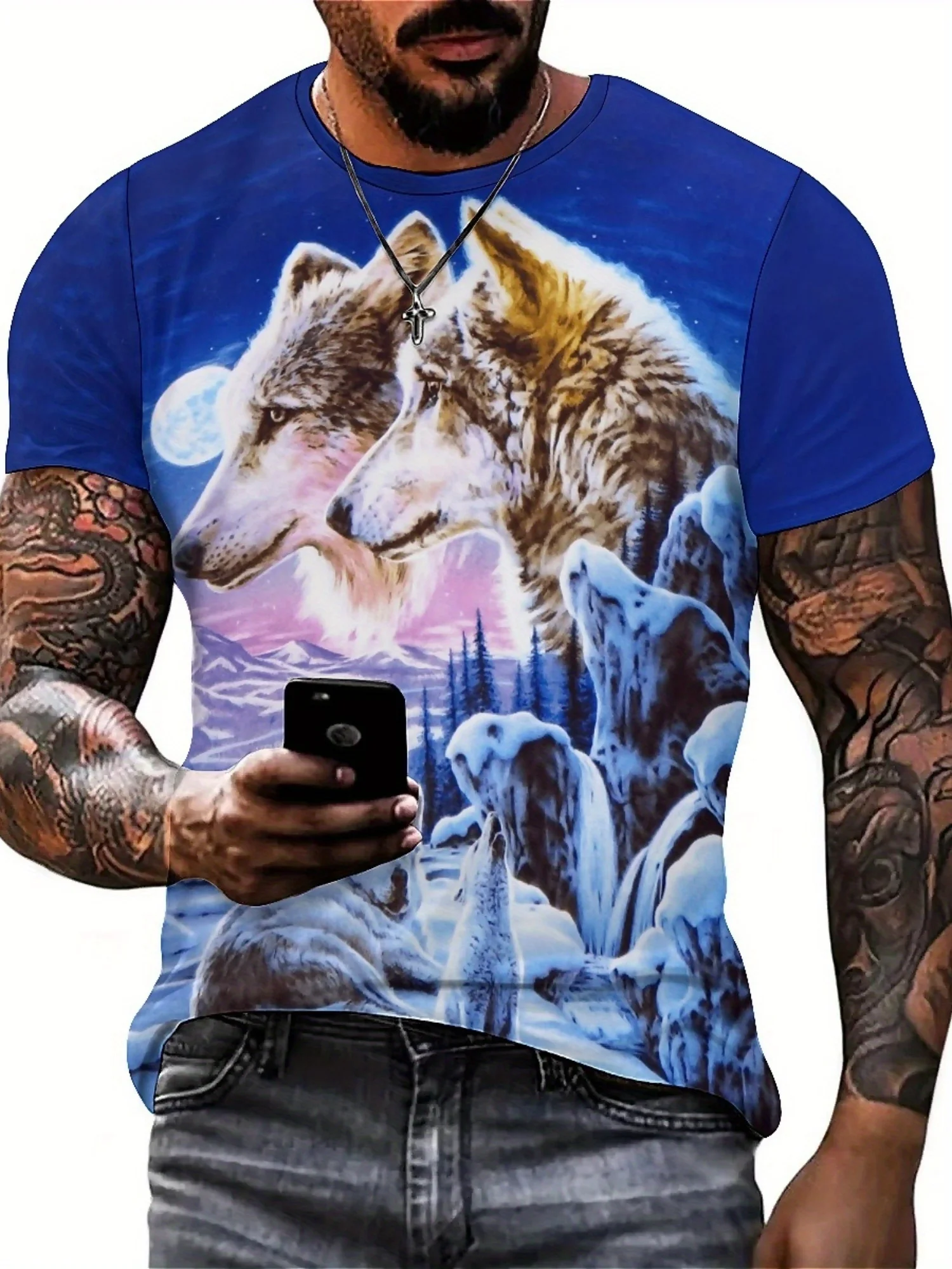 Men's 3D Digital Print Double Wolf & Geometric Graphic T-Shirt - Hip-Hop Style Loose Fit Short Sleeve, 100% Polyester