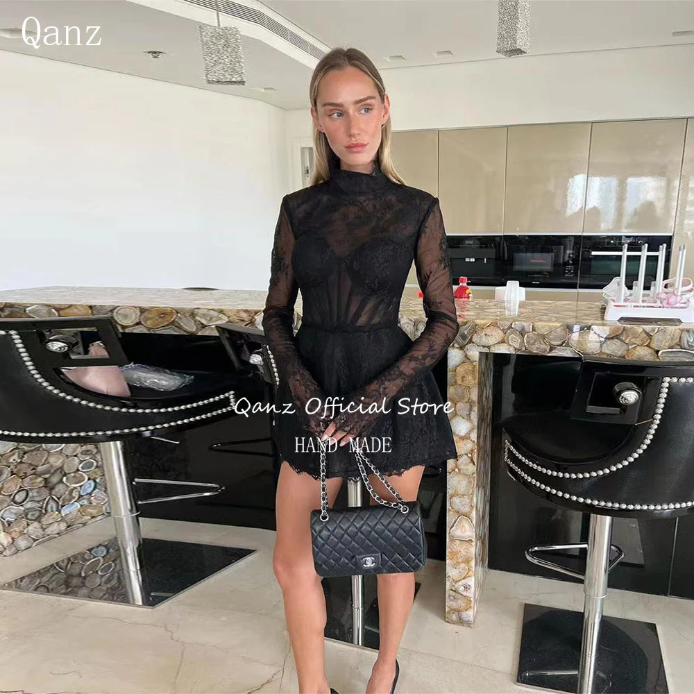 Qanz Black Sexy Prom Dresses High Neck Long Sleeves Mini Lace Appliques Party Gown Illusion Short Cocktail Dresses Customized