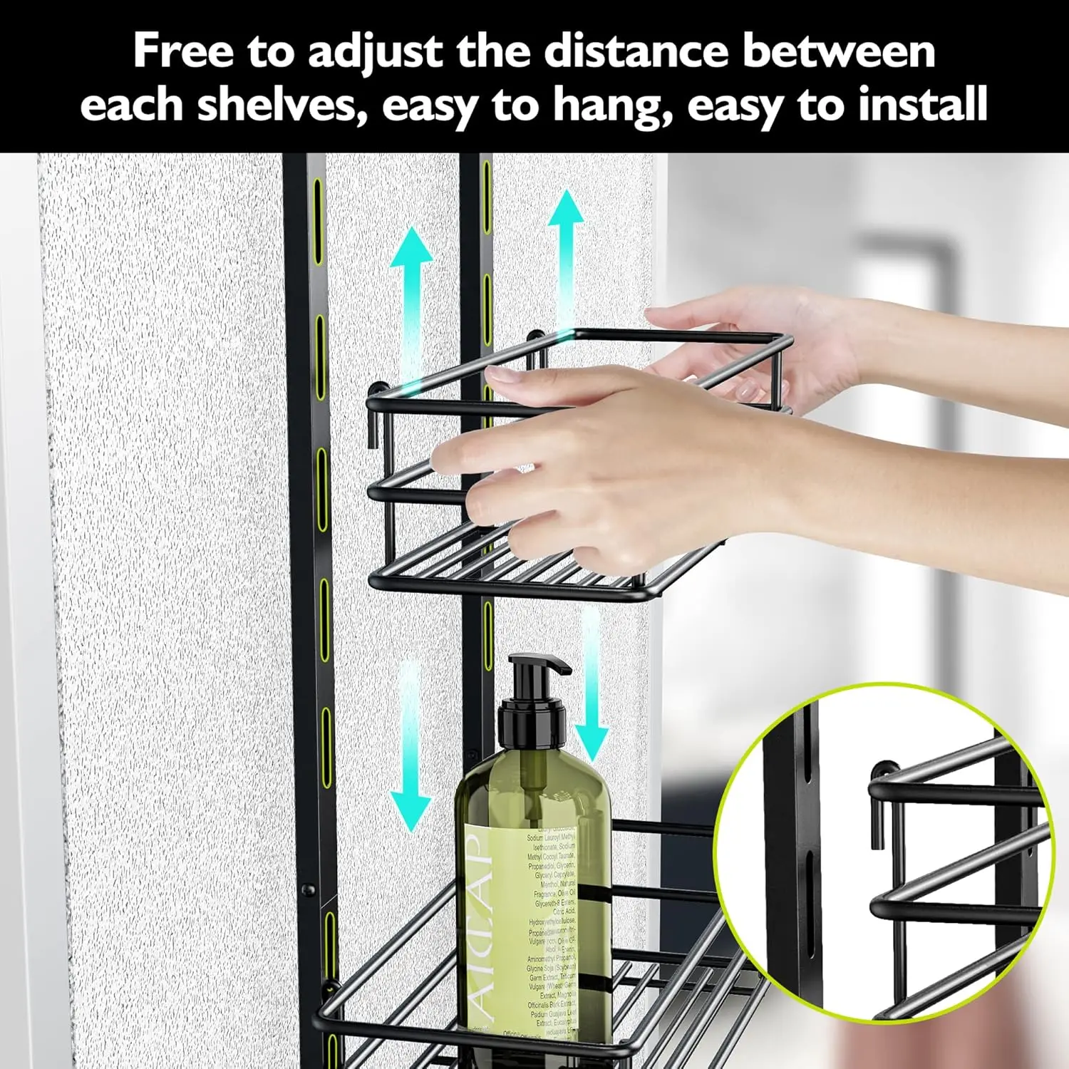 Over the Door Shower Caddy Adjustable 5 Tier Black,Bathroom Hanging Organizer Shelf Rustproof with 4 Hooks