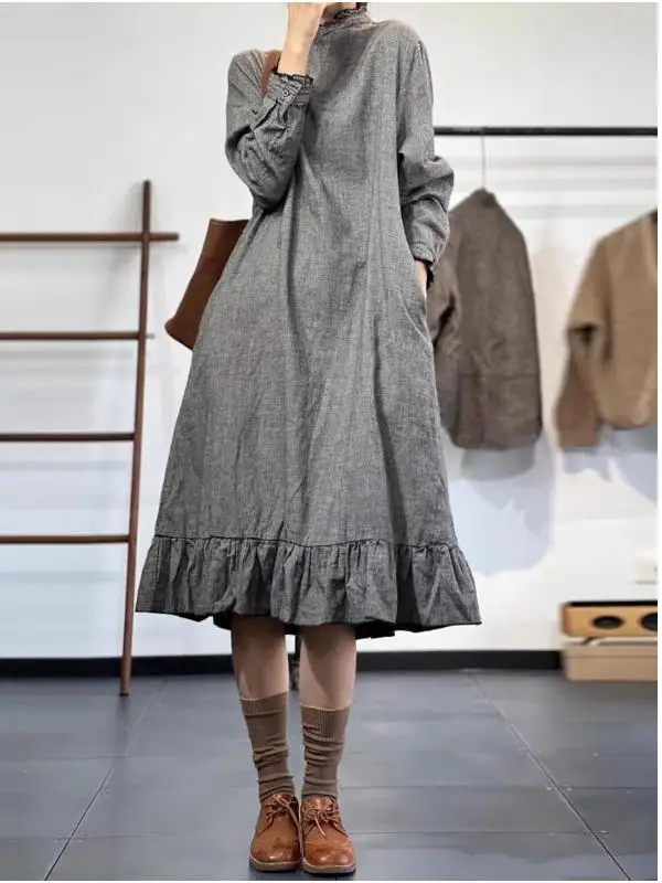 

Casual Plaid A-Line Dr Large Size Women's Long Sve f High Collar Midi Slim Fit Skirt Spring Season Cotton Linen Blend