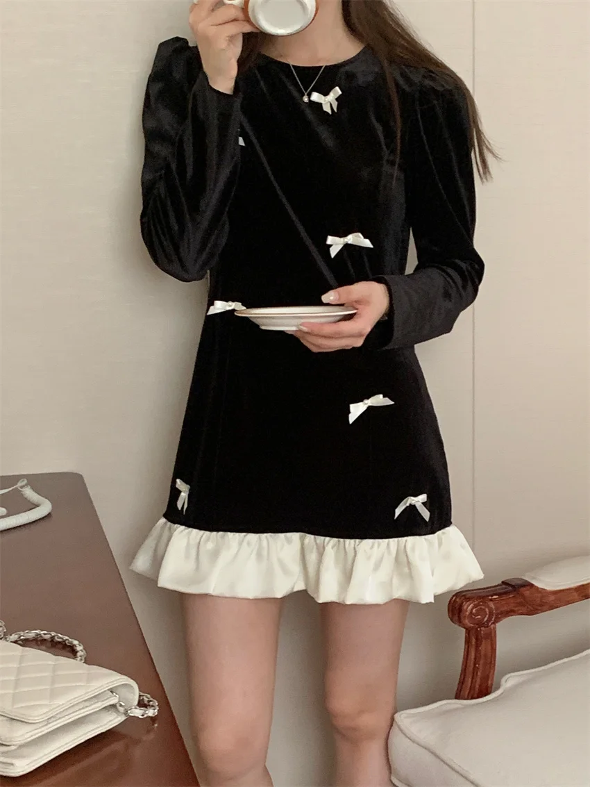 Alien Kitty Princess Sweet Mini Dress Velvet Chic Women New Ruffles Fashion Slim Winter Daily Vintage Office Lady Wedding