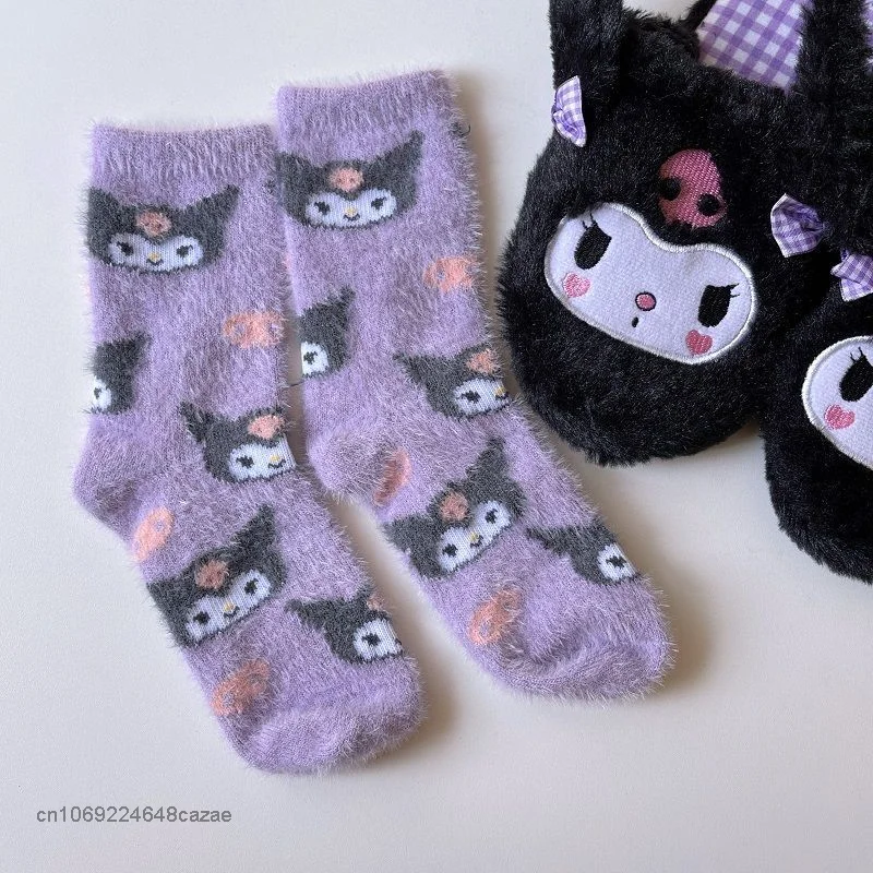 Sanrio Kuromi Melody New Plush Socks Women Kawaii Soft Middle Tube Socks Y2k Girl Cartoon Aesthetic Short Stockings Friend Gifts