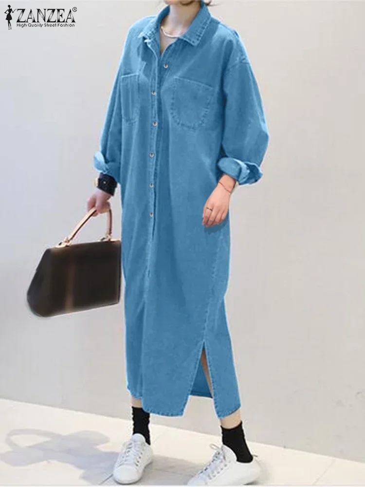 ZANZEA Abito lungo da donna Casual Tinta unita Vestido 2025 Autunno Vintage Open Up Bottoni Abito camicia Chic Risvolto Abito a maniche lunghe