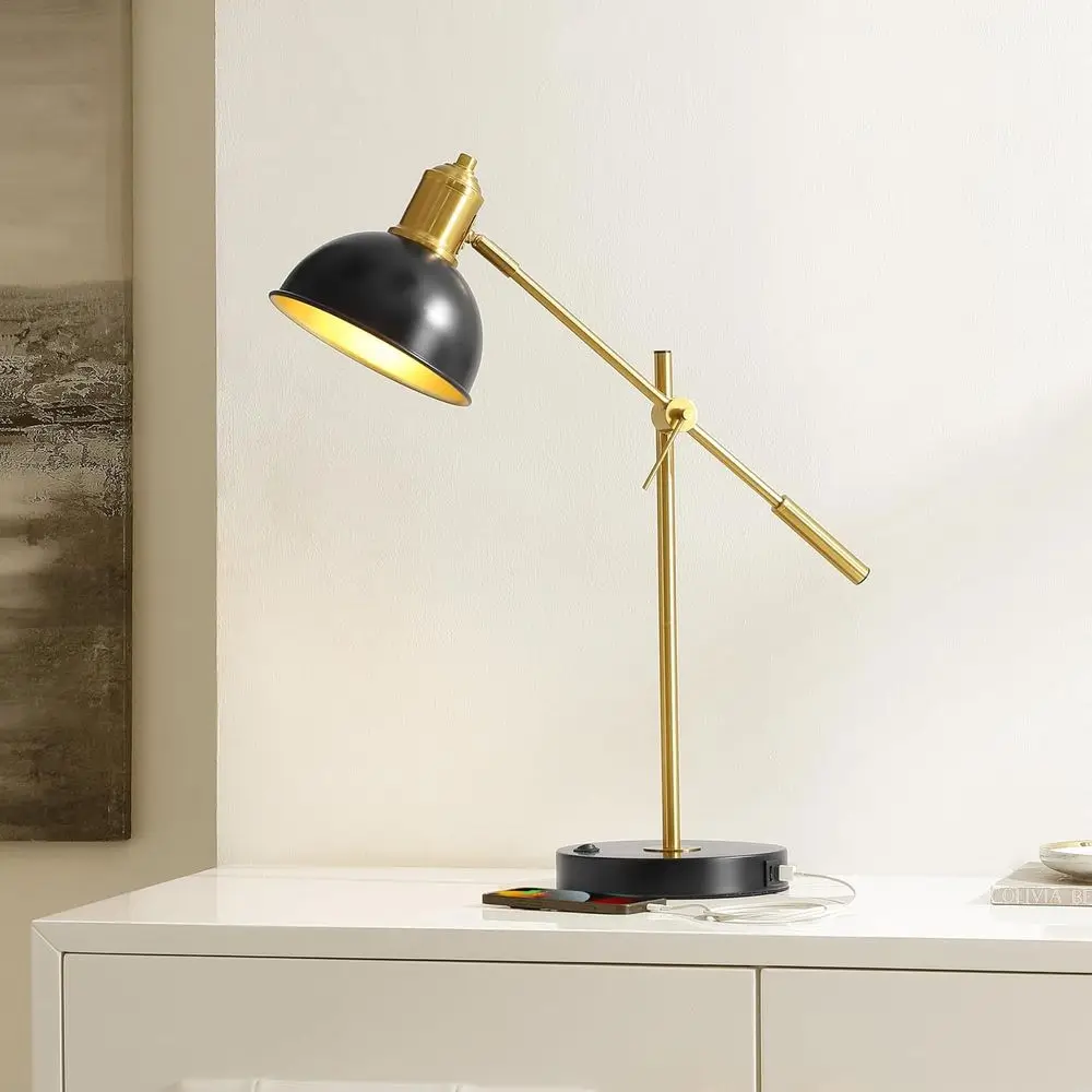 24-inch Adjustable Table Lamp with USB Port, Black/Brass Finish, Perfect for Living Spaces and Offices (LED Bulb Included) view 2