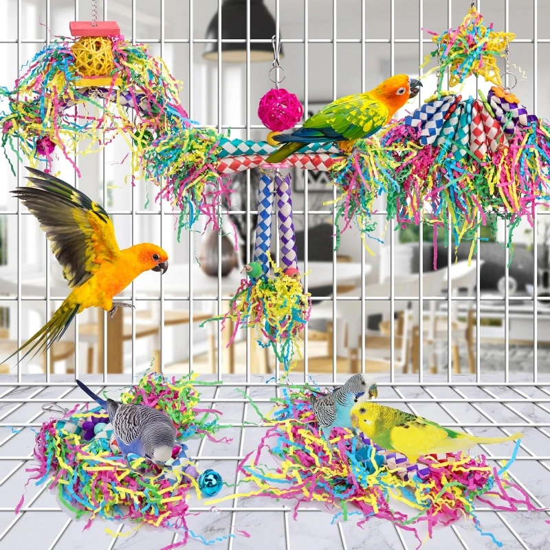 5 Piece Bird Shredding Toys Wooden Blocks Colorful Parrot Chewing Foraging Hanging Toy for Parakeets Love Birds Budgies Gift