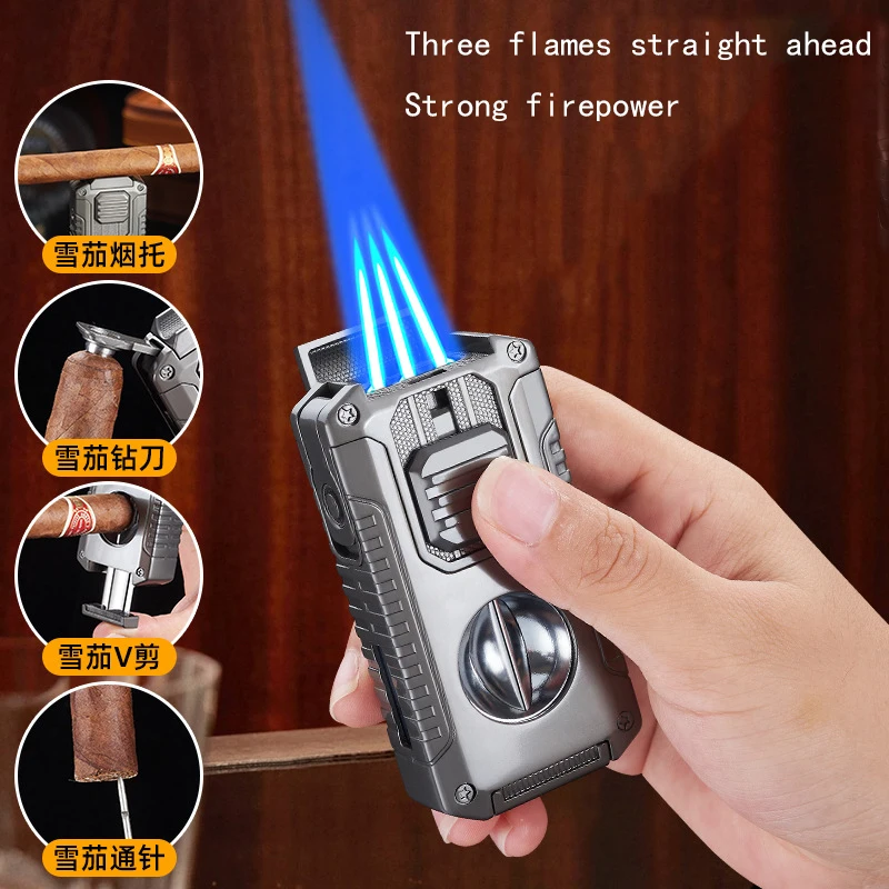 Viene con un cortaúñas en forma de V, portátil y multifuncional, creativo, tres encendedor directo de fuego cinco en uno