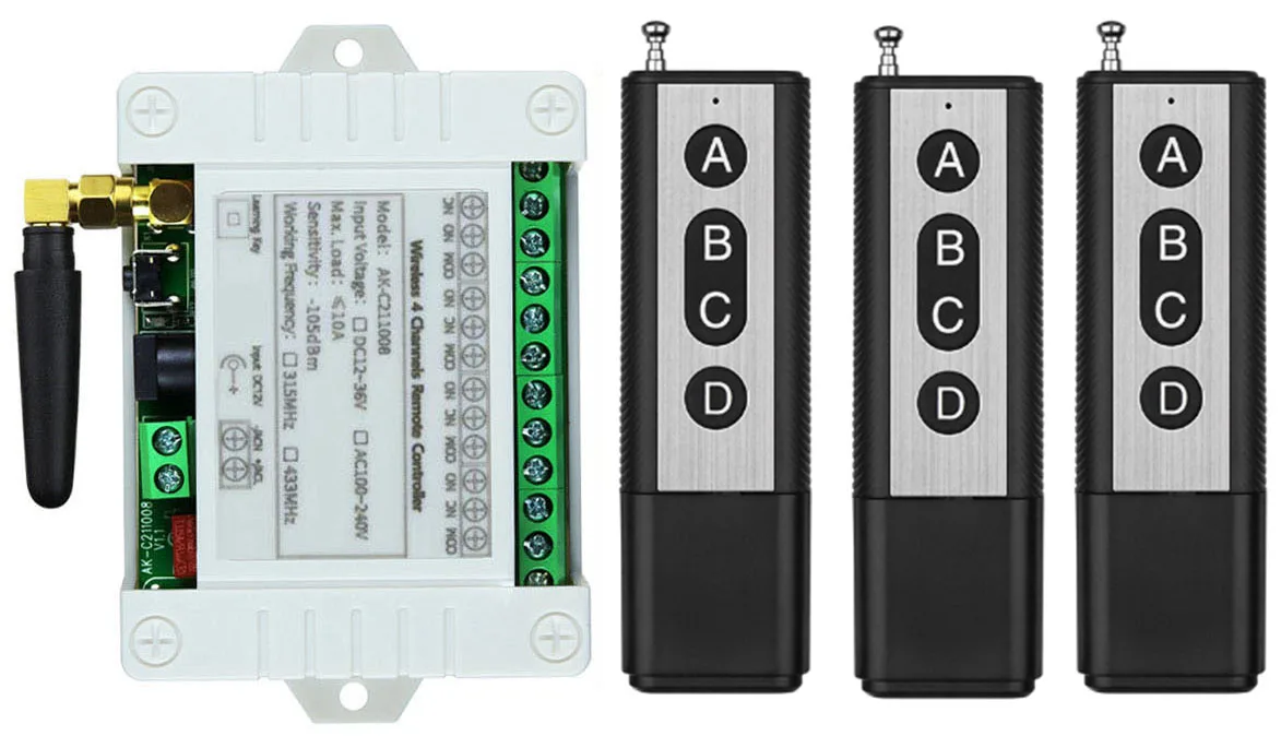 Smart Multiple DC 12V 24V 36V 10A 433 MHz 4CH 4 CH 4 Channel Wireless Relay RF Remote Control Switch Receiver and Transmitter