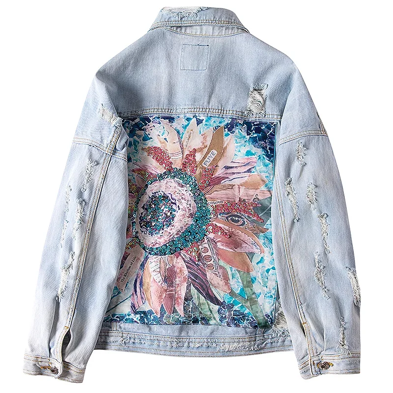 Fashion Women Denim Jackets Casual Long Sleeves Vintage Sunflower Diamonds Frayed Hole Tops Jean Jacket Light Blue Loose Coats