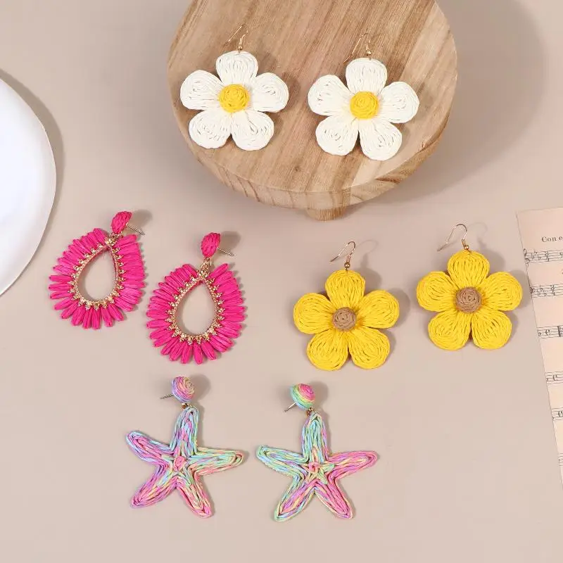 Exaggerated Handmade Retro Rattan Raffia Geometric Earrings Ethnic Style Summer