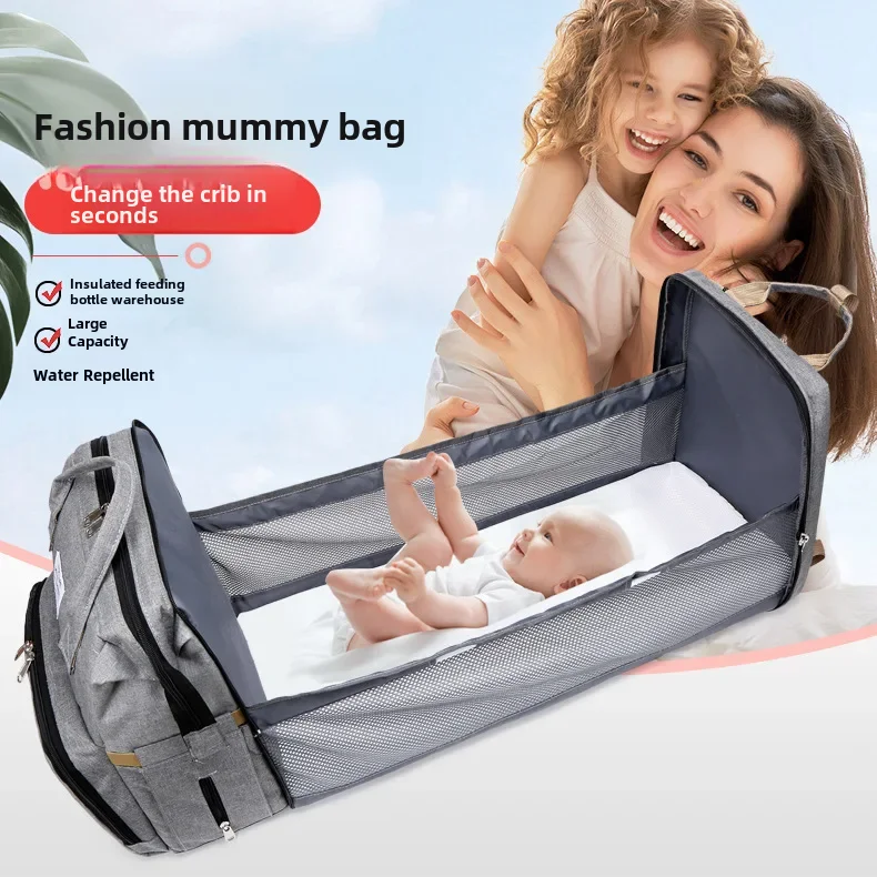 Cross-border hot-selling fashion foldableing crib mother and baby bag large capacity satchel bottle diaper shoulder mother mo...