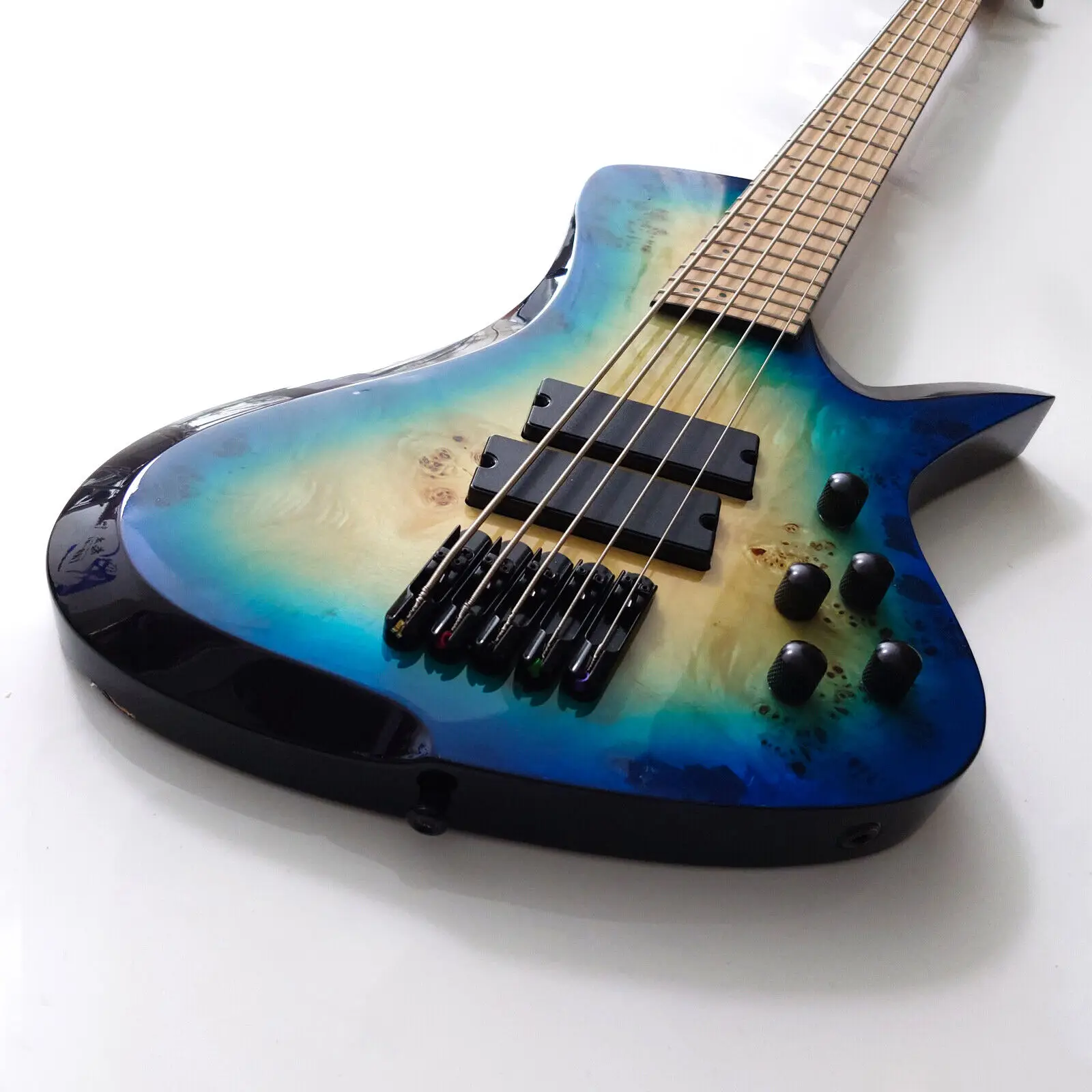 Fanned Fret 5 string Electric Bass Guitar Blue Burl Burst Quilt Maple Top Roasted Maple Neck