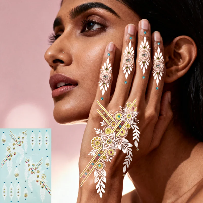 

White Gold Glitter Lace Tattoo Sticker+Adhesive Colored Beads Wedding Festival Party Face Hand Makeup Tattoo Decals Fake Tattoos