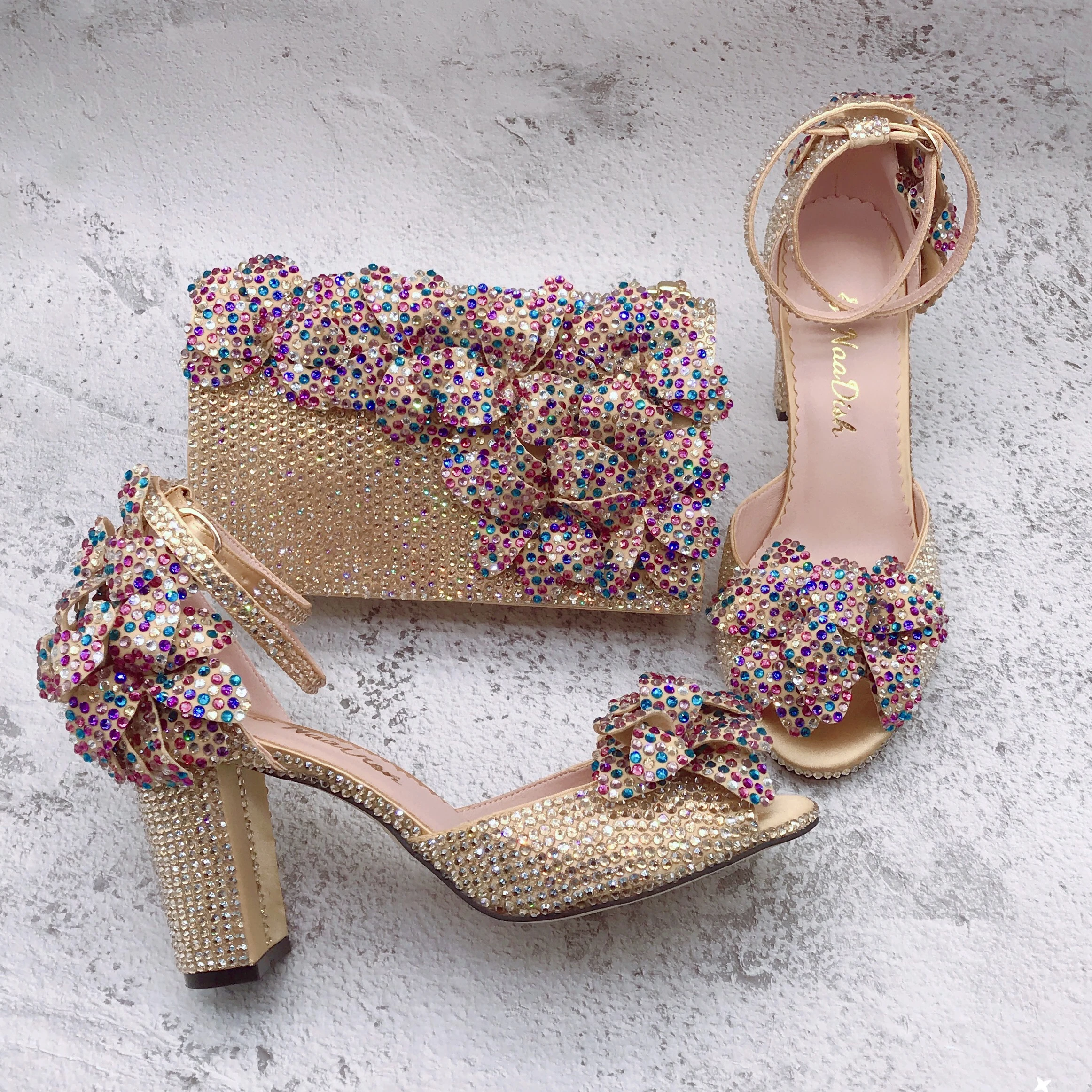 BS1649 zapatos de lujo hechos a medida para mujer, calzado de boda Floral, dorado champán, Multicolor, conjunto de bolsa