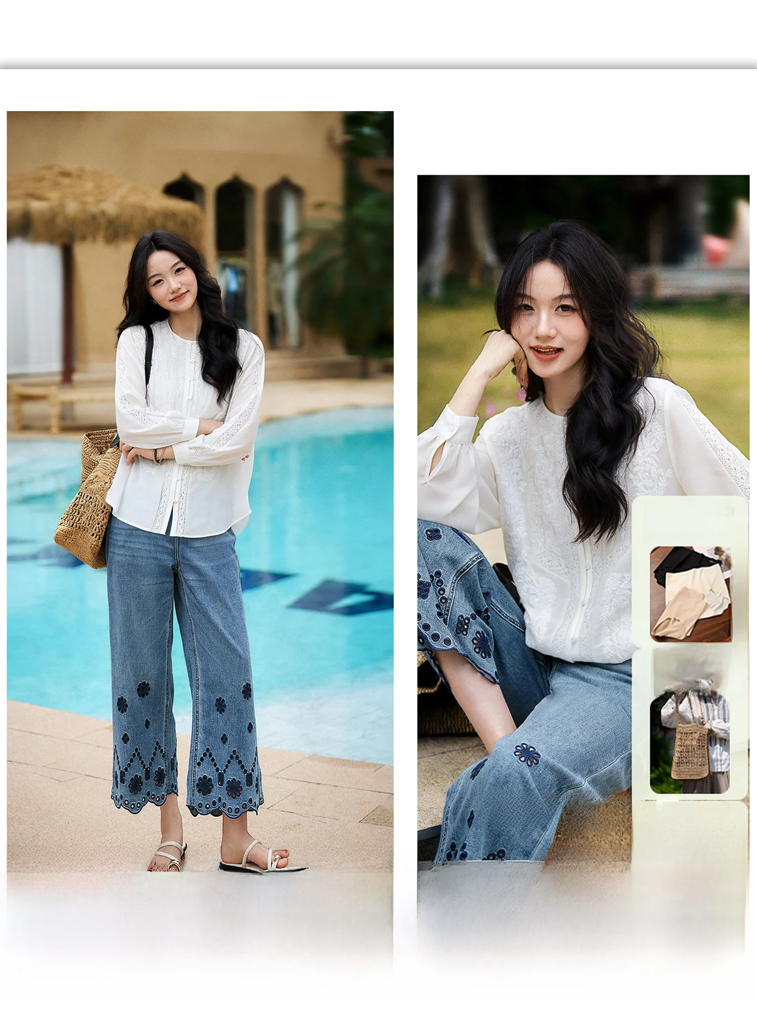 

Романтическая кружевная блузка для женщин: модная, с объемной вышивкой, 3D цветочным дизайном, из смесового хлопка и шелка, с длинным рукавом, повседневная