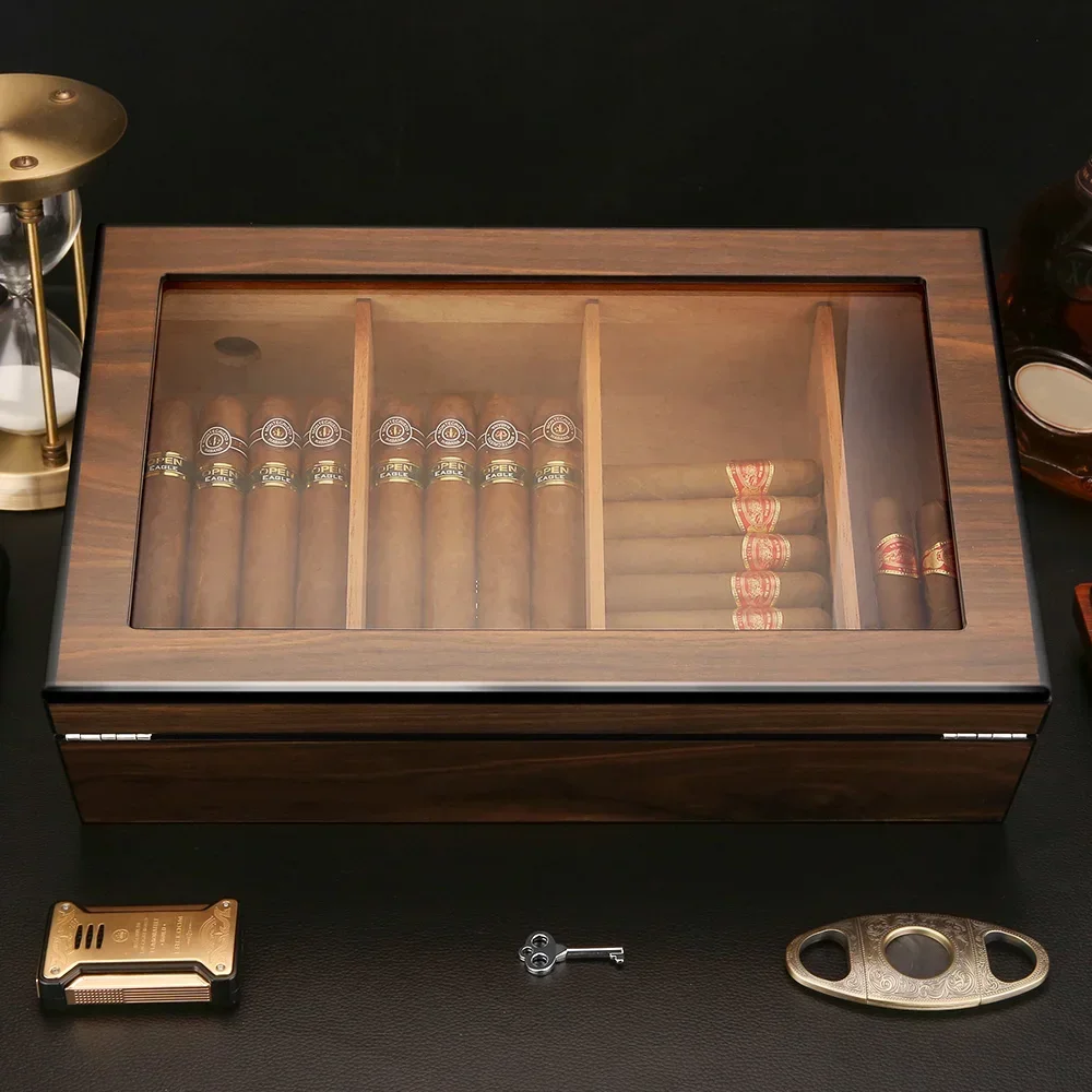 Glass Top Cigar Display Humidor With Divider Safety Lock Humidifier Hygrometer Cedar Wood Cigar Humidor Large Capacity Humidor