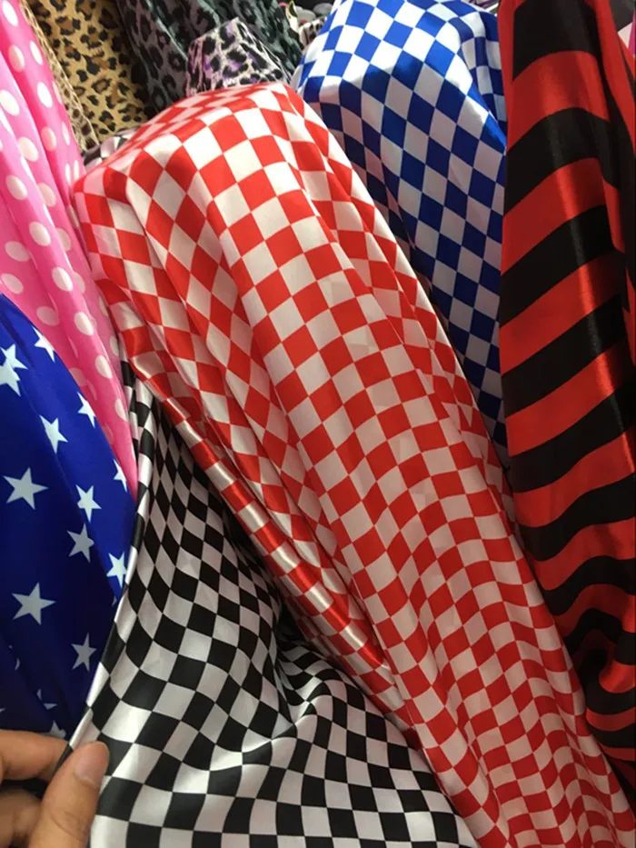Printed Satin Fabric By The Meter for Clothing Diy Sewing Thin Drape Opaque Black White Red Plaid Star Cloth Textile Summer Soft
