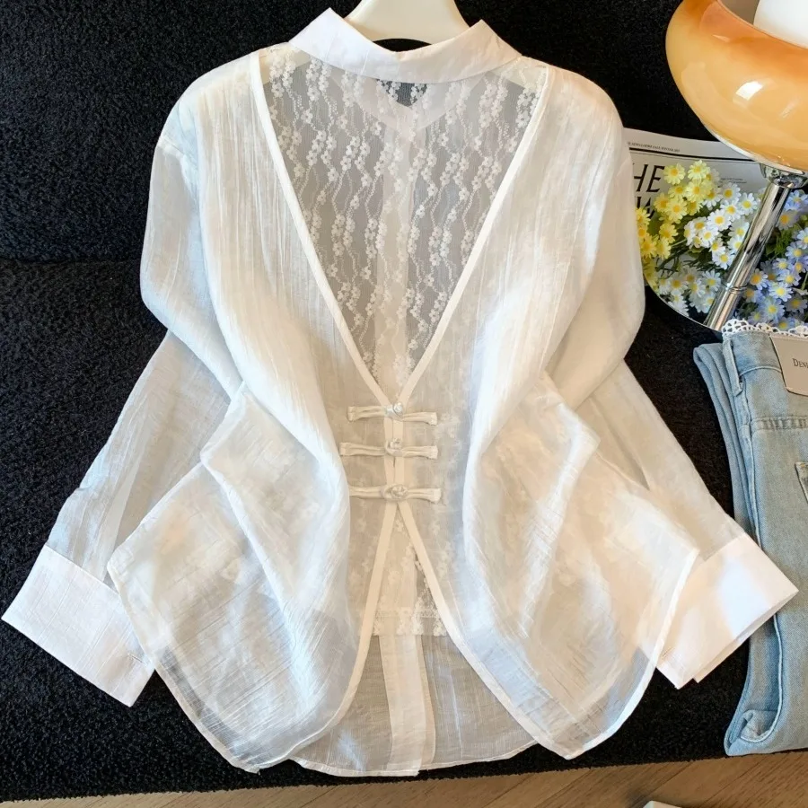 

Lace Back Hollow out Chiffon Shirt Women's Summer New Ice Silk Sun Protection Open Cardigan Air Conditioning Shirt Outerwear ...