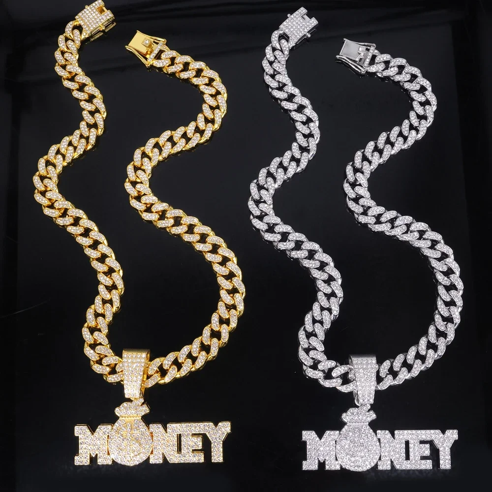  New Iced Out Bling Rhinestone Letters Money Pendant Necklaces,With Cuban Chain Money Bag Dollar Sign Men's Women Hip Hop Jewel