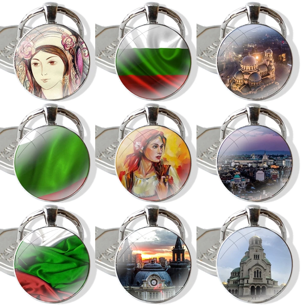 25mm Glass Cabohcon Keychain Key Rings for Women Men Jewelry Gift Bulgaria Flag oil paintting Pattern