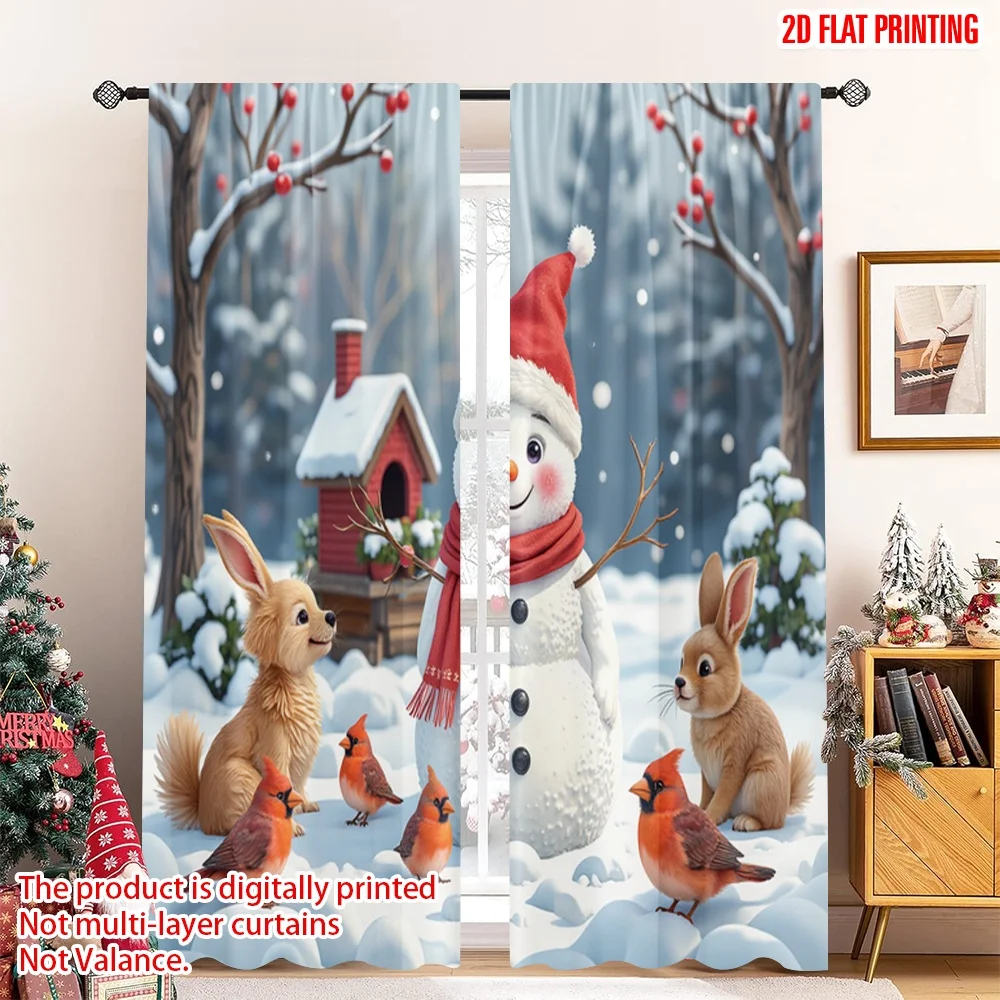 

2pcs 2D flat printing Merry Christmas Popular Curtain Snowman Christmas Forest Animals Holiday Polyester Without Electricity