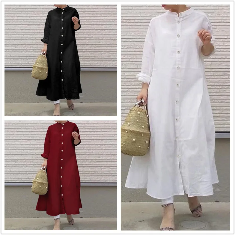 Affordable Solid Color Casual Vacation Stand Collar Long Sleeve Shirt Dress, Trendy Outfit