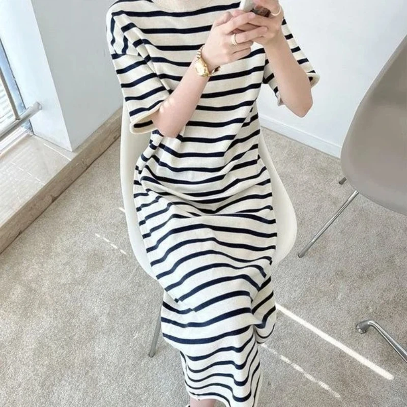 Lazy Style Contrast Striped Short Sleeve Loose T Shirt Dress Women Clothing New Summer All-match Vintage Dresses Casual Fashion