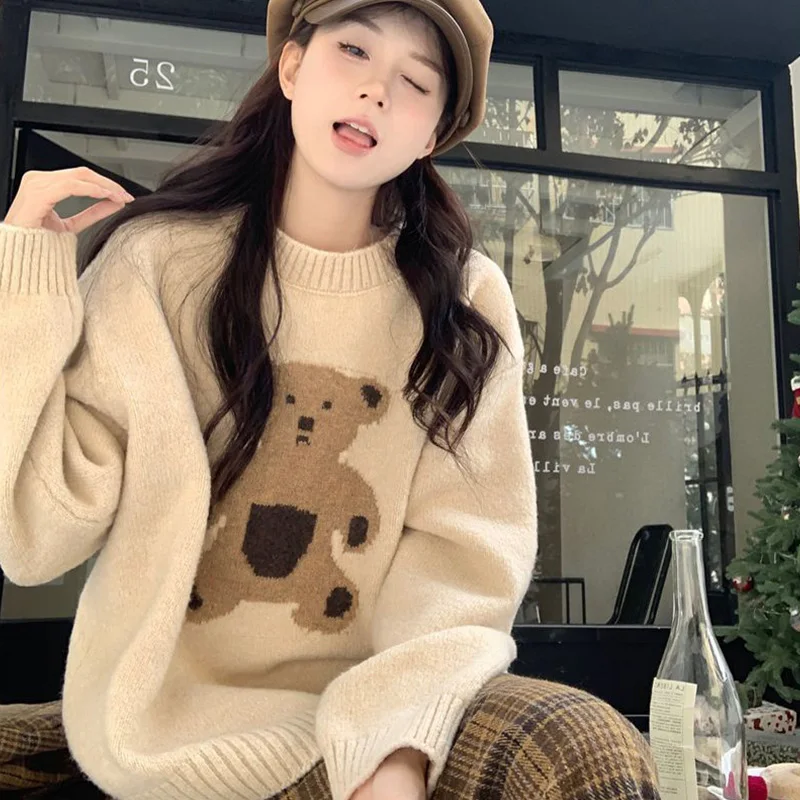 

Autumn/winter New Round Neck Cartoon Teddy Bear Retro Loose High Quality Pullover Sweater Fashionable Casual Sweet Women's Top