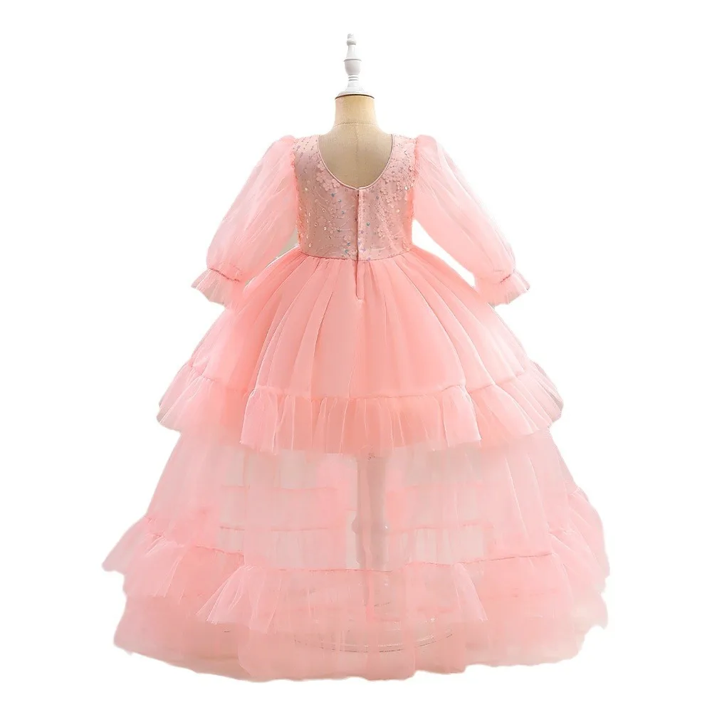 

2025 New Girls' Dress Grand Piano Performance Wedding Dress Long Girl Princess Dress Long Sleeve Mesh Dress