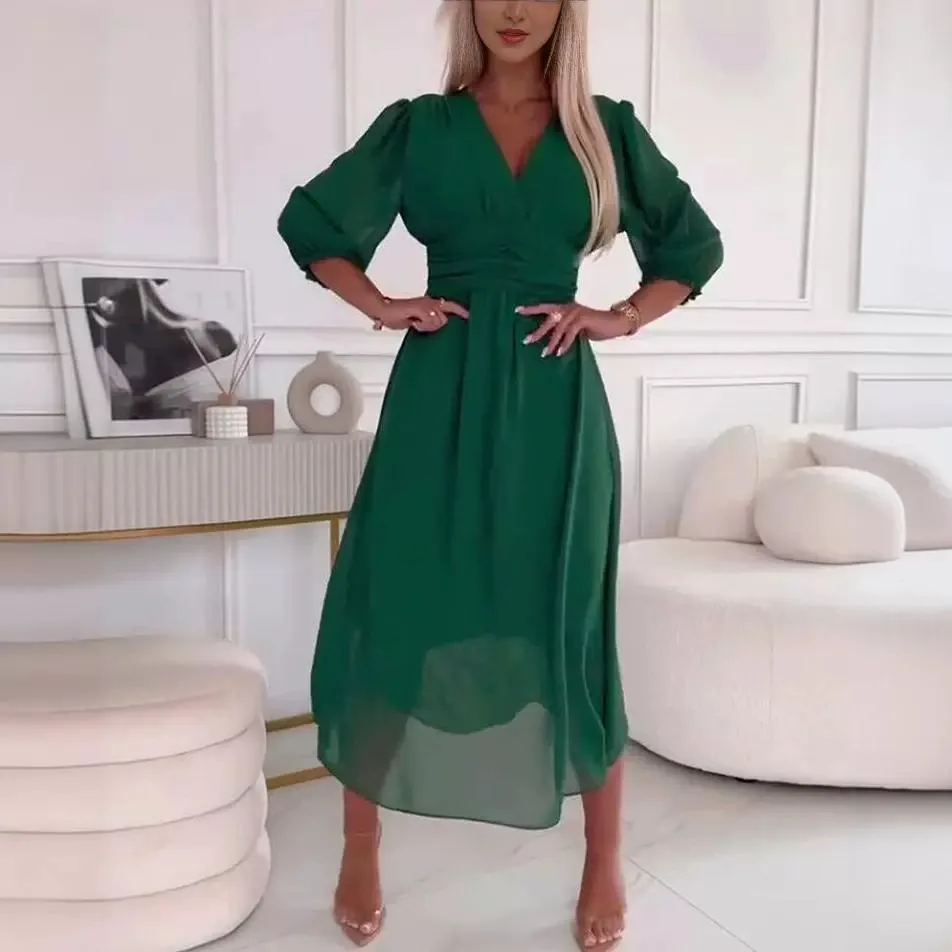 

Summer Women's Dress V-neck Half-sleeved High-waisted Slim Black Elegant Commuter Blue Midi Skirt