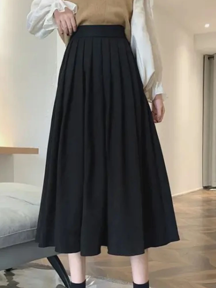 Vintage Pleated Skirts Women Black High Waist Korean Fashion College Gothic Long Skirt Ladies Autumn Casual A line Y2K Skirt