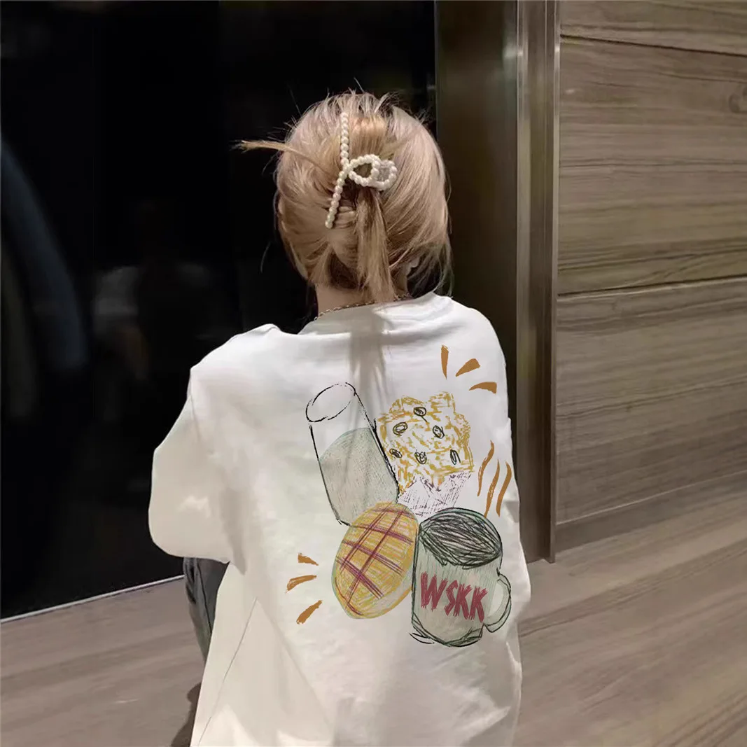 Women Vintage Sketch Coffee Cake Print T Shirt Oversized Loose Short Sleeve Tee Aesthetic Casual Back Graphic Tops