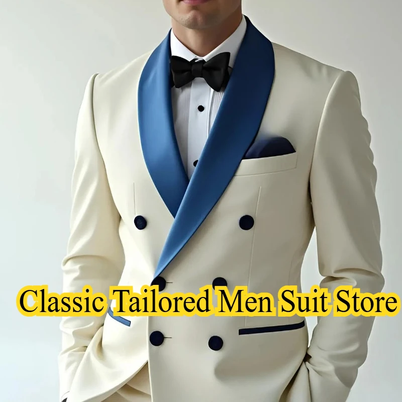 

Blue Collar White Men Suit Groom Groomsman Wedding Party Prom Formal Occasion Business Male Tuxedos 2 Piece Set Blazer Pants