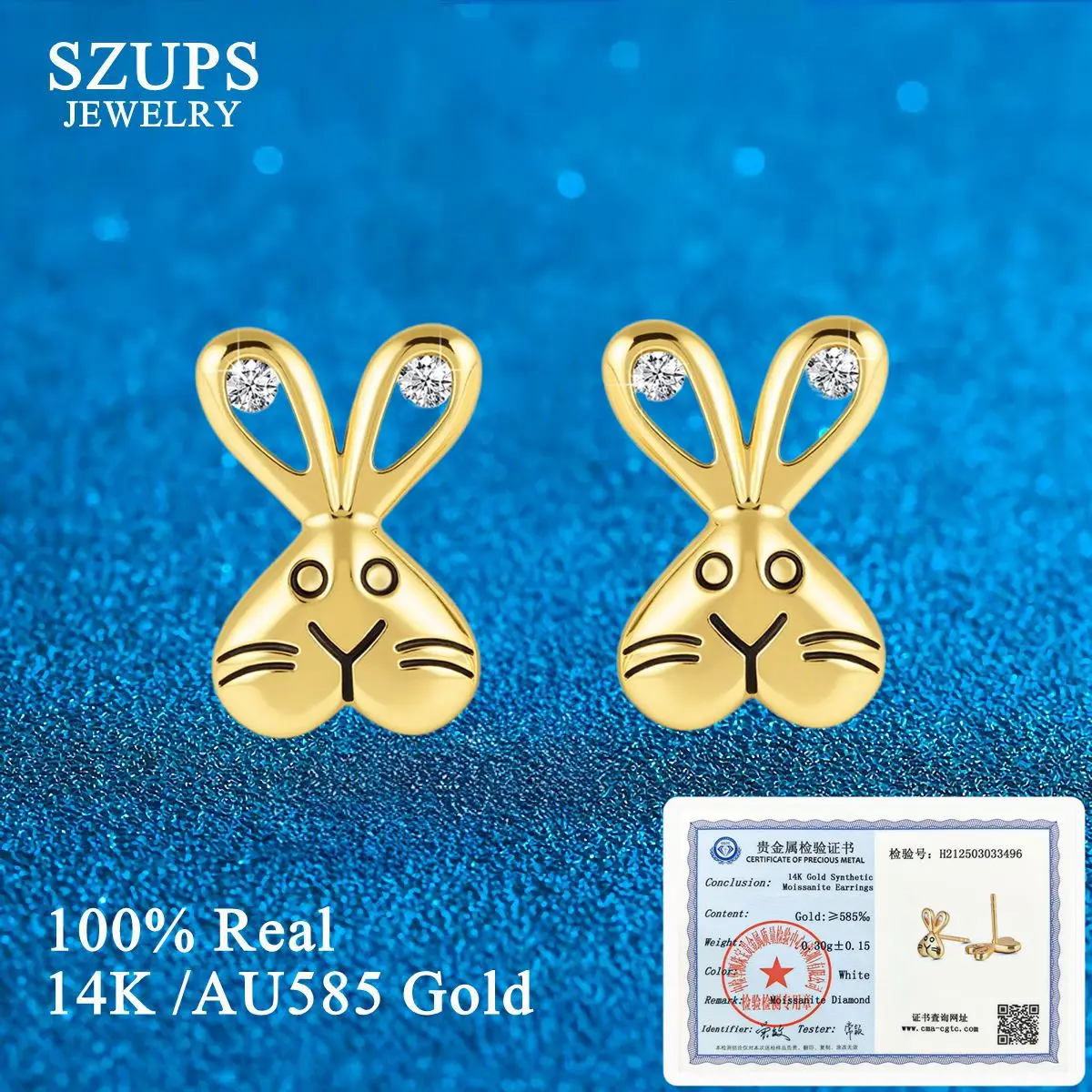 

100% настоящее золото 14 К, милые серьги-кролики для девочек, серьги-гвоздики с изображением кролика и муассанита, аксессуары для детей, подарки на день рождения, Jewe