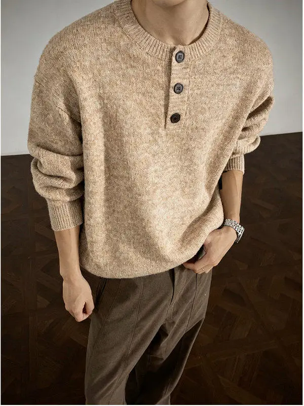 

Свободный мужской вязаный свитер с воротником Генри и цветной внутренней одеждой, повседневный топ на осень-зиму, модный ленивый топ для мужчин