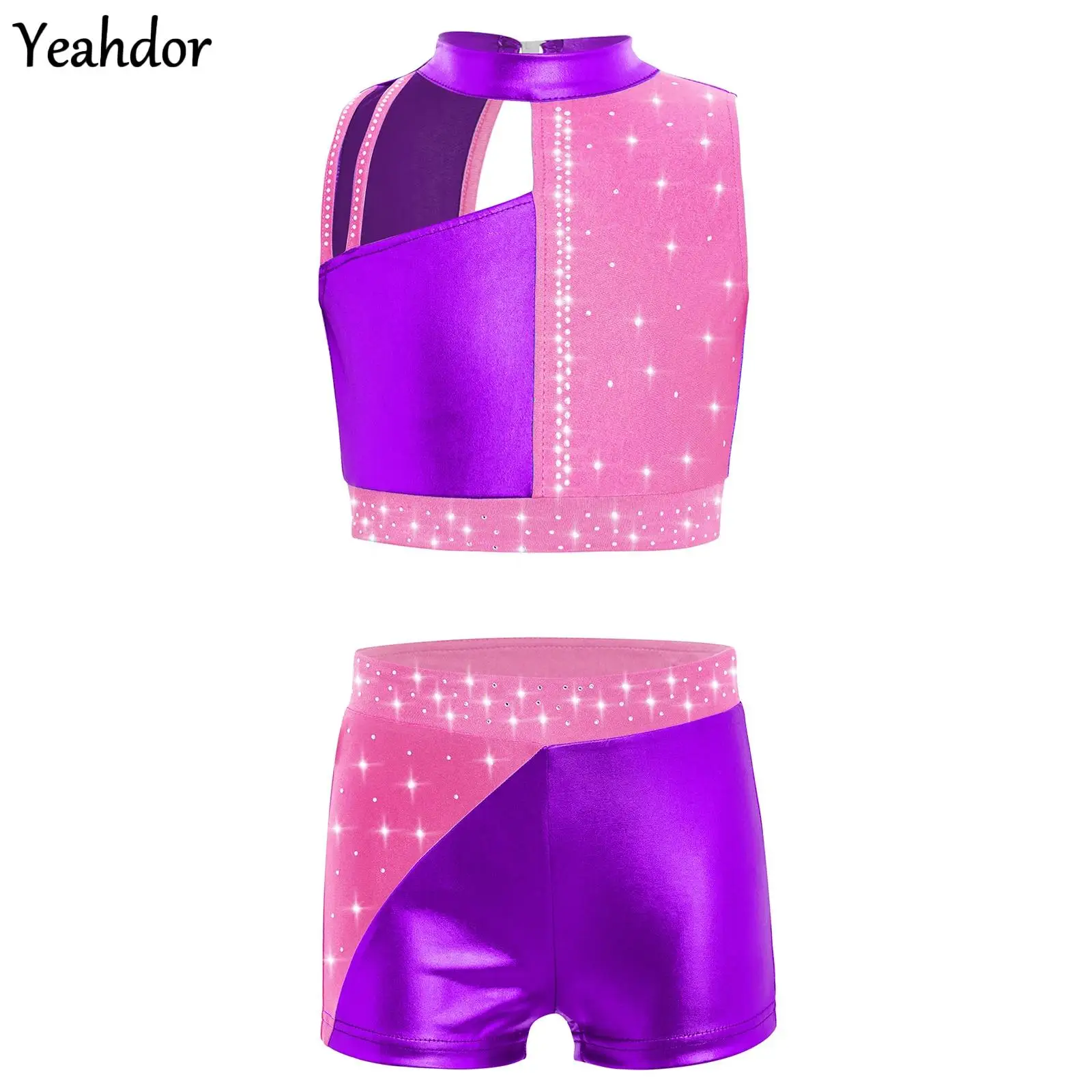 

Комплекты для балета и танцев для девочек-подростков, стразы, гимнастический тренировочный танцевальный наряд, укороченный топ без рукавов с металлическим верхом, жилет с шортами, костюмы