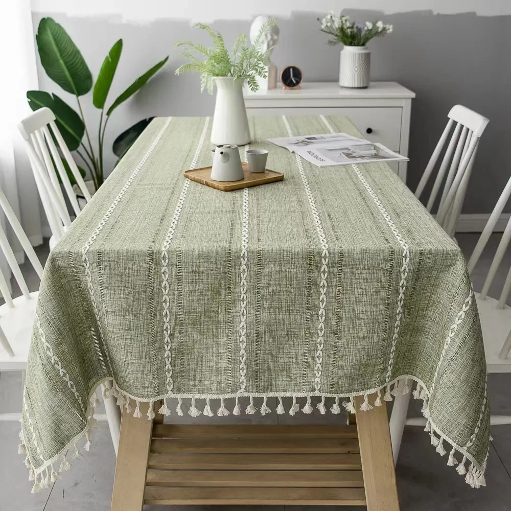 

Cotton Linen Table Cloth Stripe Tassel Tablecloth Stain Dust-Proof Table Cover For Kitchen Dinning Party Tea Table Decoration